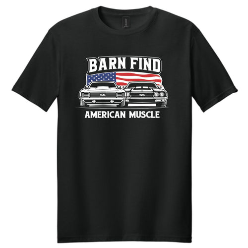 Black t-shirt with 'Barn Find American Muscle' graphic design featuring two cars and an American flag on a white background.